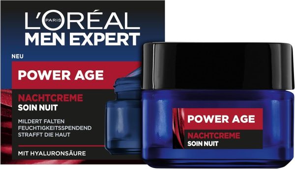 L’Oréal Paris men expert Night Cream for Wrinkles for , Anti-Ageing Moisturiser for the Face Against Tired and Matte Skin, Face Cream for with Hyaluronic Acid, Power Age, 1 x 50 ml