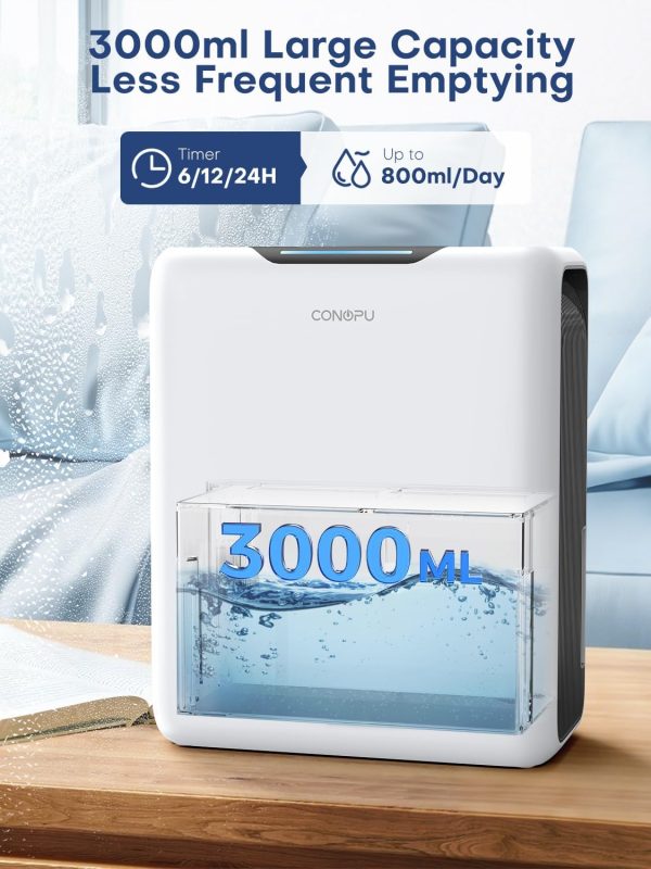 ⁦CONOPUPlus Dehumidifier 3000ML, Home Mould Dehumidifier for 20㎡, Sleep Mode 30 dB, Timer 6-24H, Automatic Defrost, 1.3 kWh, Portable Dehumidifier for Bedroom, Bathroom, Kitchen⁩ - الصورة ⁦2⁩