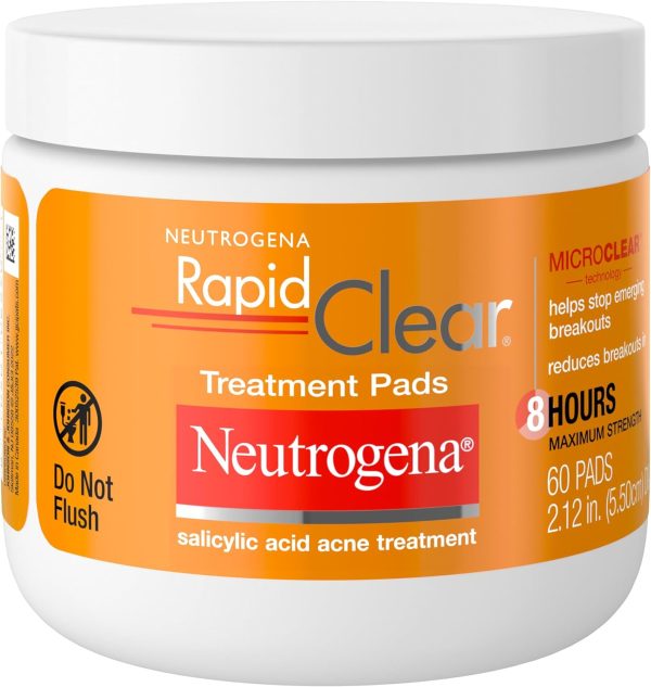 Neutrogena Rapid Clear Acne Face Pads with Salicylic Acid Acne Treatment Medicine to Fight Face Breakouts, Oil Free Pads with Maximum Strength Salicylic Acid Acne Medicine, 60 ct