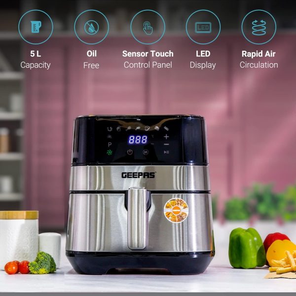 ⁦Geepas Air Fryer 1700W -Hot Air Fryers, 5 Litres Electric Air Cooker With Digital Touch Screen & Preheat, 60 Minute Timer, Led Display, Auto Shut Off⁩ - الصورة ⁦2⁩