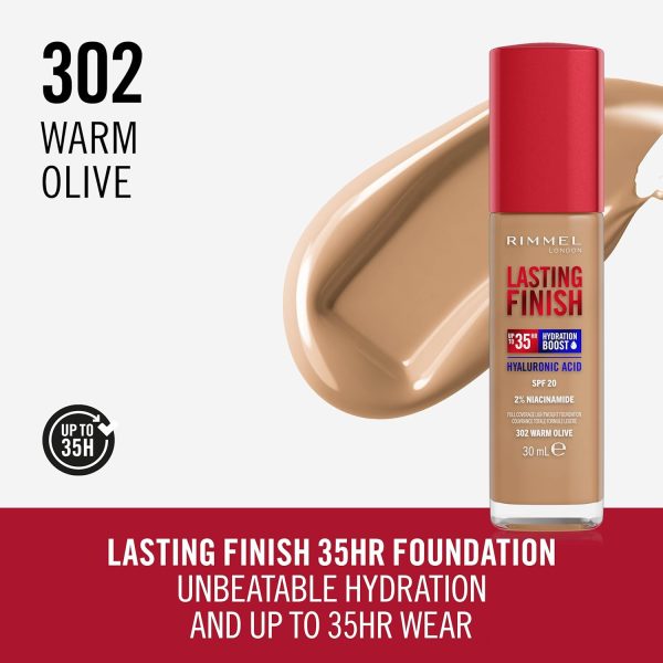 ⁦Rimmel London Lasting Finish 35 Hour, 302 Warm Olive, Foundation, Long-Wearing, Hydrating, Vegan Formula, Full-Coverage, 30ml (1oz)⁩ - الصورة ⁦2⁩