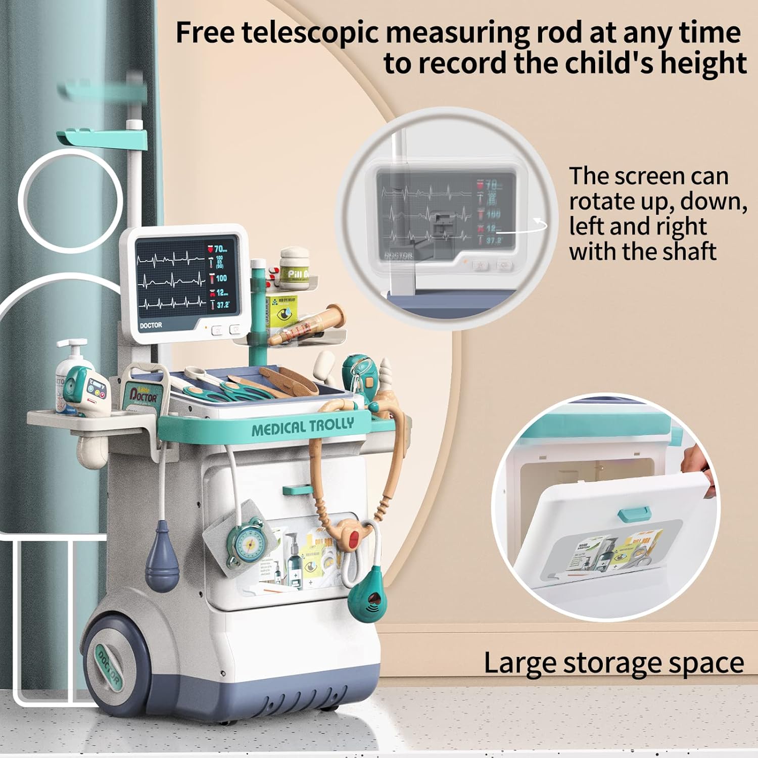 Deejoy Toy Doctor Kit for Kids, Pretend Medical Station Set for Boys & Girls, 26 Accessories Mobile Cart with Lights and Thermometer, Kids Doctor Kit for Toddlers 3-5 Years Old 4 Deejoy Toy Doctor Kit for Kids, Pretend Medical Station Set for Boys & Girls, 26 Accessories Mobile Cart with Lights and Thermometer, Kids Doctor Kit for Toddlers 3-5 Years Old - الصورة 4