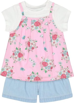 Mothercare Girls Printed Multicolor Clothing Set(1 Top :: 1 T-Shirt :: 1 Shorts) Pack of 3