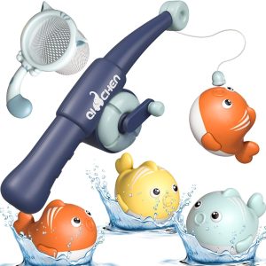 ZERIFAM Baby Bath Toy Set, 5 Pieces Magnetic Fishing Toys with Net, Kids Bath Games, Bath Games, Fishing Rods, Fishing Toy for Infants Toddler 2 3 4 5 6 Years Old