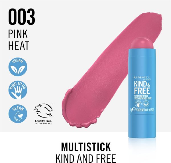⁦Rimmel London Kind & Free, 003 Pink Heat, Multi-Stick, For Cheeks and Lips, Hydrating, Buildable Colour, Vegan Formula, Clean Formula, 5g (0.18oz)⁩ - الصورة ⁦3⁩