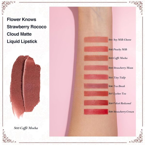 ⁦Flower Knows Strawberry Rococo Cloud Lip Cream Matte Liquid Lipstick-Long Lasting&Highly Pigmented Lip Stain -Velvety Waterproof Lip Makeup for Girls&Women-0.12 Fl Oz,1 Count(S03 Caffe Mocha)⁩ - الصورة ⁦4⁩
