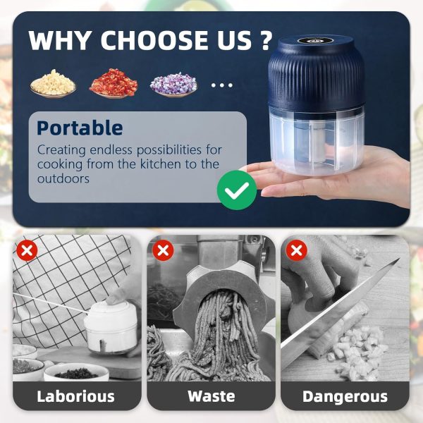 ⁦Electric Mini Garlic Chopper, Portable Small Food Processor, Vegetable Chopper Onion Mincer, Cordless Meat Grinder with USB Charging For Vegetable, Chili, Fruits, Ginger, Baby Food, Seasoning (300ML)⁩ - الصورة ⁦7⁩
