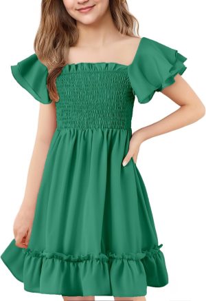 Hvididan Girls Summer Dresses Cute Double Layer Ruffle Sleeve Off Shoulder Dress 5-14 Years