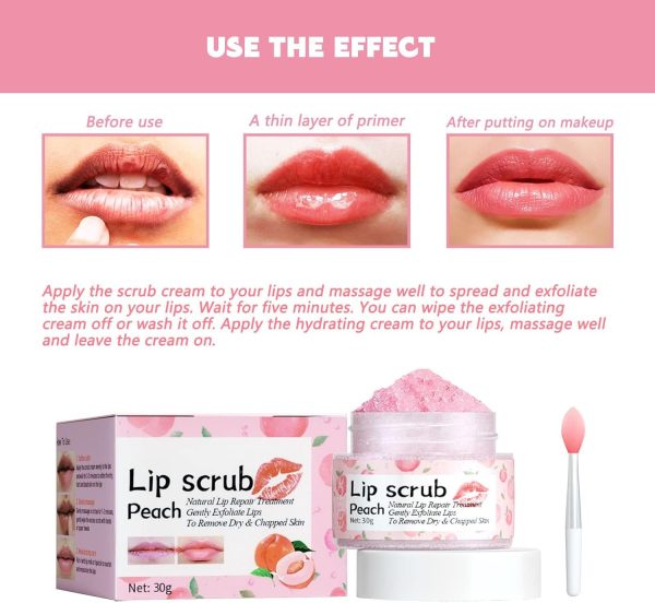 NALACAL Lip Scrub Exfoliator and Moisturizer, Natural Lip Care for Dry and Cracked Lips, Peach Sugar Lip Scrub for Hydration and Smoothness, Gentle Lip Care with Lip Brush