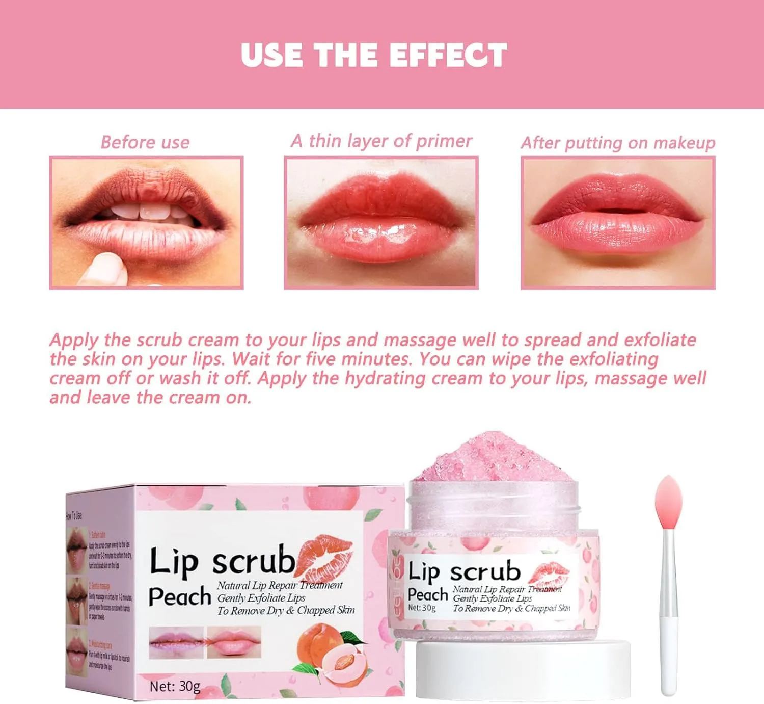 NALACAL Lip Scrub Exfoliator and Moisturizer, Natural Lip Care for Dry and Cracked Lips, Peach Sugar Lip Scrub for Hydration and Smoothness, Gentle Lip Care with Lip Brush