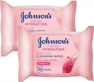 Johnson & Johnson Fresh Hydration Micellar Cleansing Wipes, Pack of 2x25 Wipes, with Rose Water, for Normal Skin Types, Targeted Eye Makeup Removal, Gentle Makeup Removing Wipes, Refreshing Hydration