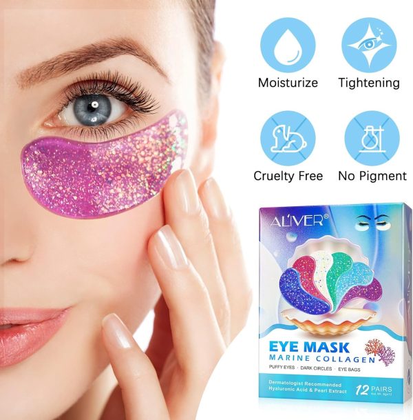 ⁦ALIVER Eye Gels with Natural Marine Collagen Hyaluronic & Pearl Under Eye Patches (12 Pcs), Under Eye Masks for Puffy Eyes & Dark Circles & Eye Bags, Face Moisturizer Treatment, Reduce Wrinkles⁩ - الصورة ⁦4⁩