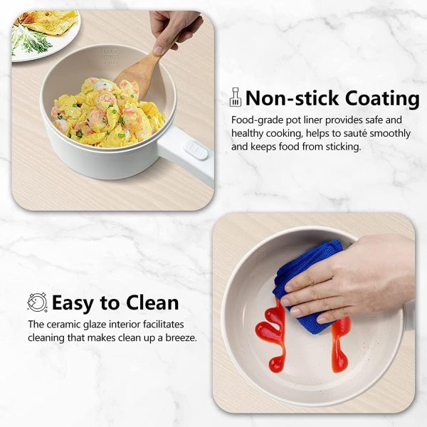 ⁦HI-FINE Electric Hot Pot with Steamer & Temperature Control, 2L Non-Stick Electric Cooker, Electric Skillet, Frying Pan, Electric Saucepan, for Noodles, Egg, Steak, Oatmeal and Soup⁩ - الصورة ⁦4⁩