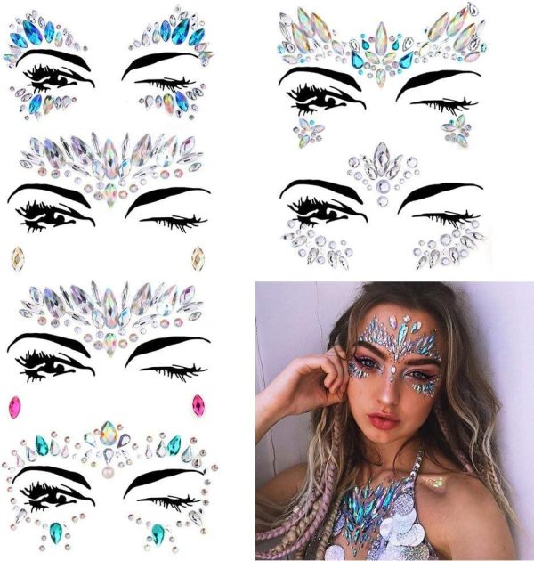 ⁦halamodo Face Tattoo Gems,Women Mermaid Rave Festival Glitter, Rhinestone Temporary Tattoo Face Jewels Crystals Face Stickers eyebrow Face Body Jewelry⁩ - الصورة ⁦2⁩