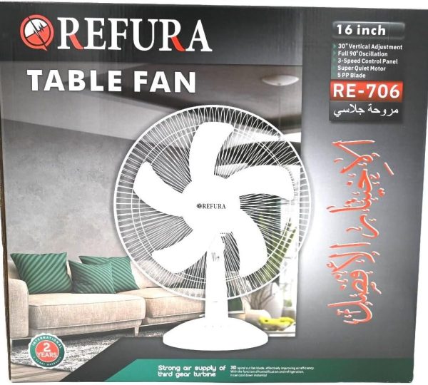 ⁦Refura RE-706 70W 3-Speed Table Fan, 16-Inch Size, White⁩ - الصورة ⁦2⁩