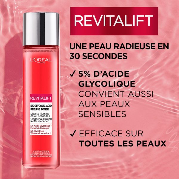 ⁦L'Oréal Paris - Smoothing and Exfoliating Facial Peeling Lotion - Removes Blackheads, Enlarged Pores & Blemishes - Glycolic Acid 5% - Revitalift Toner Peeling - 180ml⁩ - الصورة ⁦3⁩