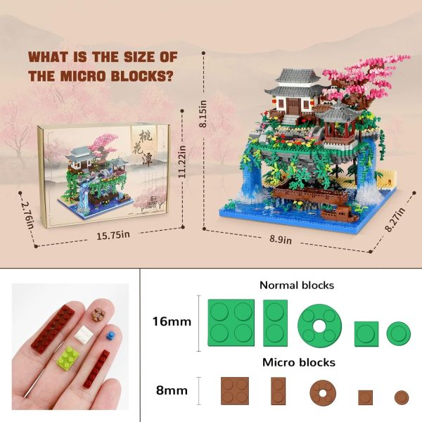 ⁦KASTWAVE Peach Blossom Pond Micro Mini Building Blocks Set, Chinese Architecture Cherry Bonsai Gift Toys with String Lights, Japanese Sakura Tree House Micro Bricks for Adults and 14+ Kids (3320 Pcs)⁩ - الصورة ⁦2⁩