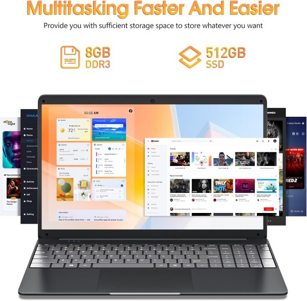 ⁦SGIN Laptops Windows 11, 15.6 Inch Laptop Computer 8GB DDR3 512GB SSD with I3 Processor, Webcam, HDMI, USB3.0, 7000mAh Battery, BT4.2, USB 3.2 * 3, WiFi, Type-C(Black)⁩ - الصورة ⁦2⁩
