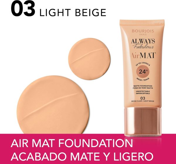 ⁦Bourjois Always Fabulous Air Mat Foundation - Lightweight Liquid Foundation - Natural Skin-Matte Finish - Long-Lasting Wear - Full Coverage - Up To 24hrs - Sensitive Skin - 30ml - 003 Light Beige⁩ - الصورة ⁦4⁩
