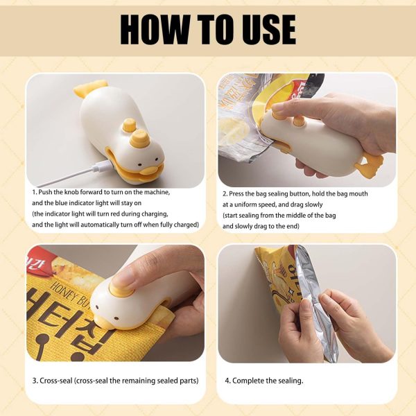 ⁦Azonee Mini Bag Sealer 2025 New Cute Duck Design 2-in-1 Chip Bag Sealer with Cutter, USB Rechargeable Heat Seal Machine for Food Storage, Snacks Freshness, Portable Handheld Sealer (1PC)⁩ - الصورة ⁦5⁩