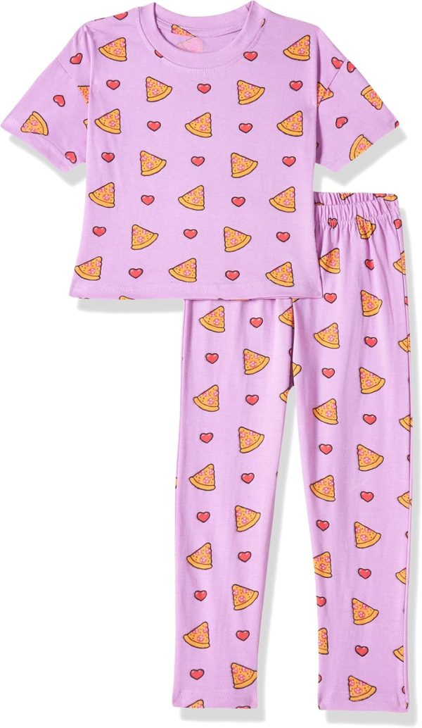T2F Girls Cotton Printed Oversized Fit Crop Top and Pant Pajama Set
