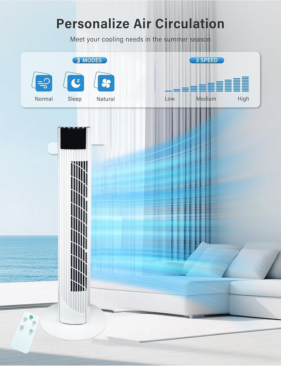 Jorunb Tower Fan with Remote 90 Oscillation Bladeless Standing Fan 27ft/s High-Speed 34dB Quiet Floor Fan Pedestal Fans with 3 Speeds 3 Modes 12H Timer Temperature LED Display (White) 4 Jorunb Tower Fan with Remote 90 Oscillation Bladeless Standing Fan 27ft/s High-Speed 34dB Quiet Floor Fan Pedestal Fans with 3 Speeds 3 Modes 12H Timer Temperature LED Display (White) - الصورة 4