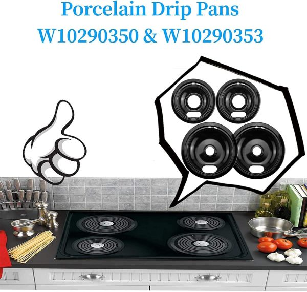 ⁦APPLIANCEMATES W10290350 W10290353 Burner Porcelain Drip Pans Set Replacement by Fits whirlpool Electric Range Stove Top Drip Bowls 4-Pack Includes 2 Large 8-Inch and 2 Small 6-Inch (Black)⁩ - الصورة ⁦7⁩