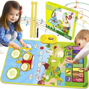 3 in 1 Musical Mat for Toddlers, Baby Toys Piano Keyboard and Animal Sound and Drum Set with 2 Sticks for Boys Girls Gift, Animal Touch Play Blanket Early Education Learning Toys for 1 2 3 Years Kids