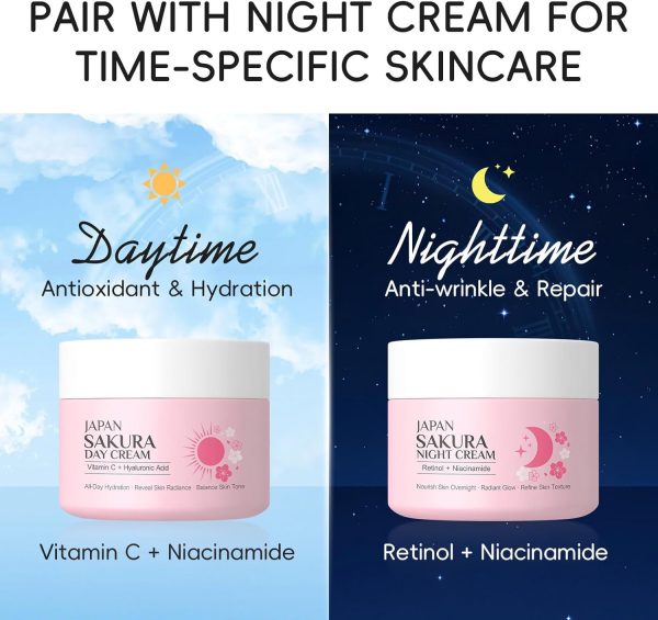 ⁦2 Pieces Sakura Day Cream & Night Cream Duo for Teenage Girls, Anti-Ageing Face Cream Set with Retinol, Hyaluronic Acid and Vitamin C, Day and Night Cream Moisturising Cream for Women⁩ - الصورة ⁦8⁩