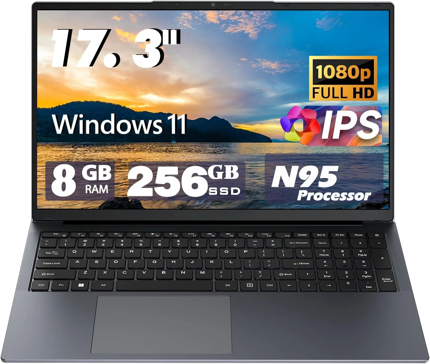17 inch Laptop computers,12th Generation Processor N95 4C 4T(Up to 3.4Ghz),8GB DDR4 RAM 256GB SSD,1920*1080,10000mAh Large battery,Type-C(Data), WiFi5,BT,RJ45,Dual stereo speakers, backlit keyboard