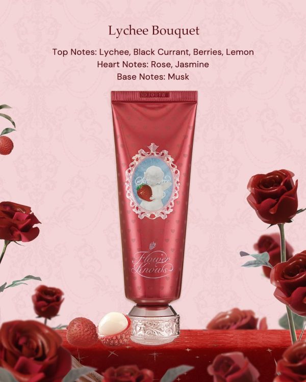⁦Flower Knows Strawberry Cupid Scented Hand Cream – Intense Hydration & Long-Lasting Fragrance, Nourishing & Calming Formula with Avocado Butter & 4D Hyaluronic Acid (Lychee Bouquet, 50 g)⁩ - الصورة ⁦4⁩