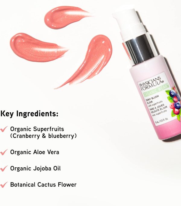⁦Physicians Formula Organic Wear Natural Dewy Face Blush Makeup Elixir, Pink Berry, 0.5 Fl Ounce⁩ - الصورة ⁦5⁩