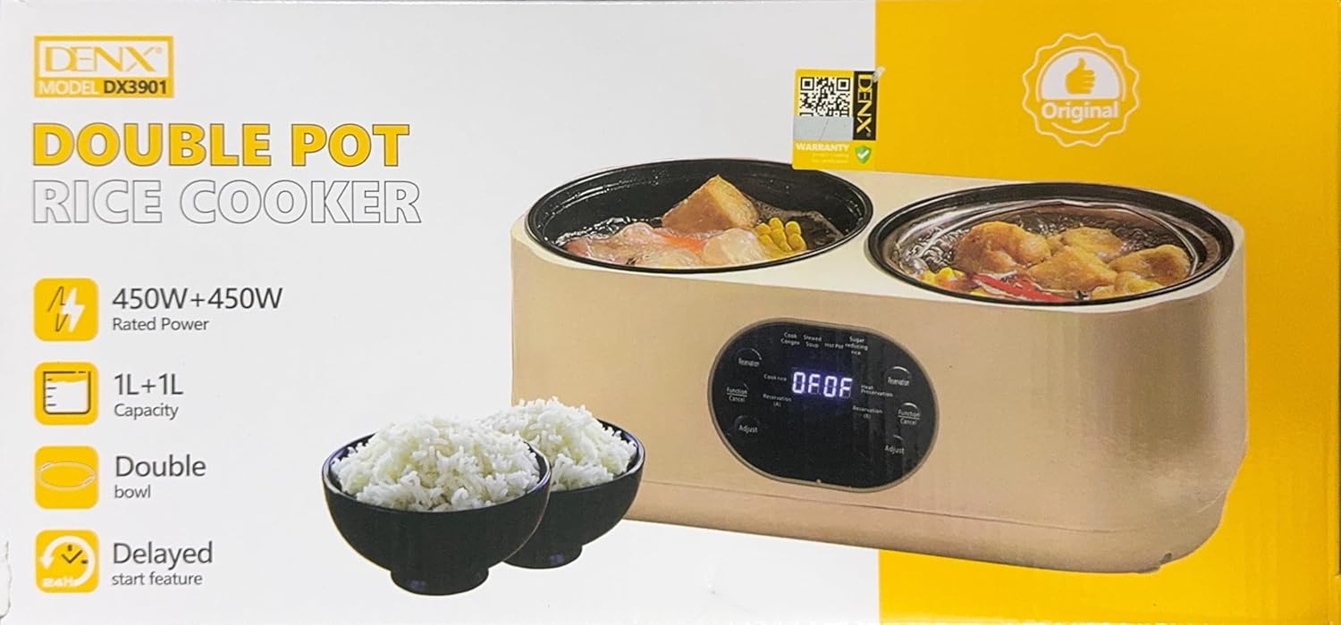 DENX Dual Pot Electric Rice Cooker 1L+1L, Smart Multi Function Kitchen Appliance with Non Stick Double Bowl, Fast Heating, Automatic Keep Warm, Easy Clean, Portable Design for Rice, Soup, Stew, DX3901 3 DENX Dual Pot Electric Rice Cooker 1L+1L, Smart Multi Function Kitchen Appliance with Non Stick Double Bowl, Fast Heating, Automatic Keep Warm, Easy Clean, Portable Design for Rice, Soup, Stew, DX3901 - الصورة 3
