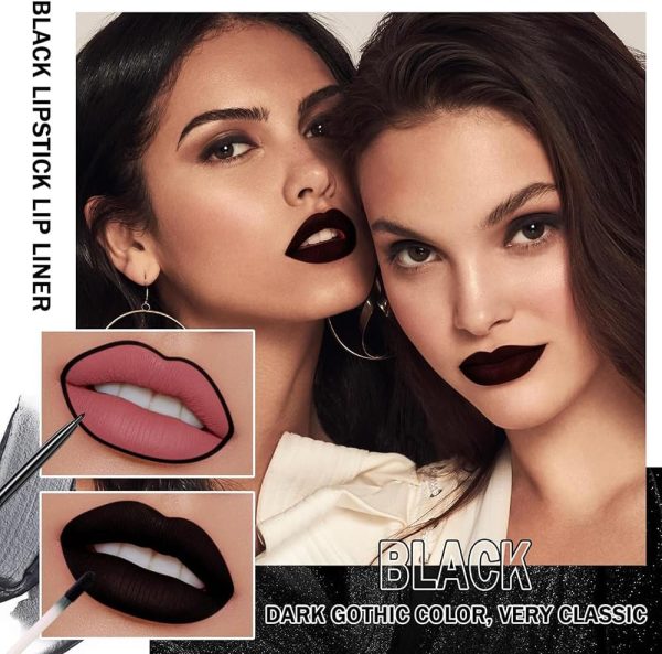 ⁦3Pcs Black Matte Liquid Lipstick and Lip Liner Set - Black Lip Gloss Stain Lipliner Set, Moisturizing Velvet Liquid Lipstick Lipgloss/Non-Stick Cup Lip Stain for Halloween Goth Makeup⁩ - الصورة ⁦3⁩