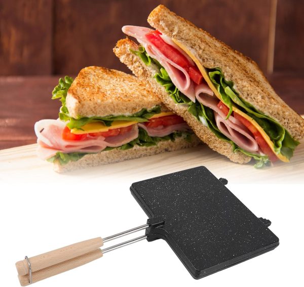 ⁦gernie Sandwich Maker Grill, Aluminum Alloy Non Stick Sandwich Toaster with Removable Wooden Handle Double Sided Sandwich Hand Toaster for Cooking Breakfast, Grilled Cheese⁩ - الصورة ⁦5⁩