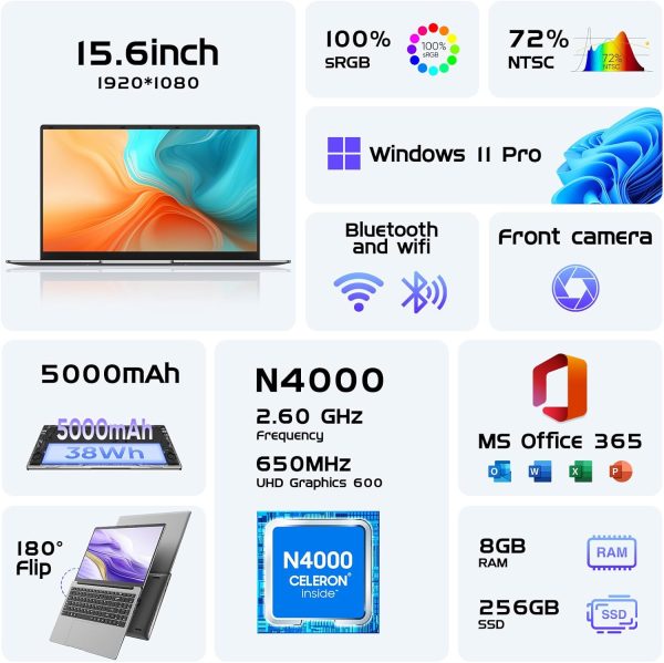 ⁦Laptop Computer 15.6" Window 11 Pro Laptops with 8GB RAM 256GB SSD,Ms Office 2024, 100% sRGB Screen, N4000 Processor, Notebook, Dual Band WiFi5, BT4.2, USB-A, HDMI,FHD 1920 * 1080 Display,Silver⁩ - الصورة ⁦2⁩