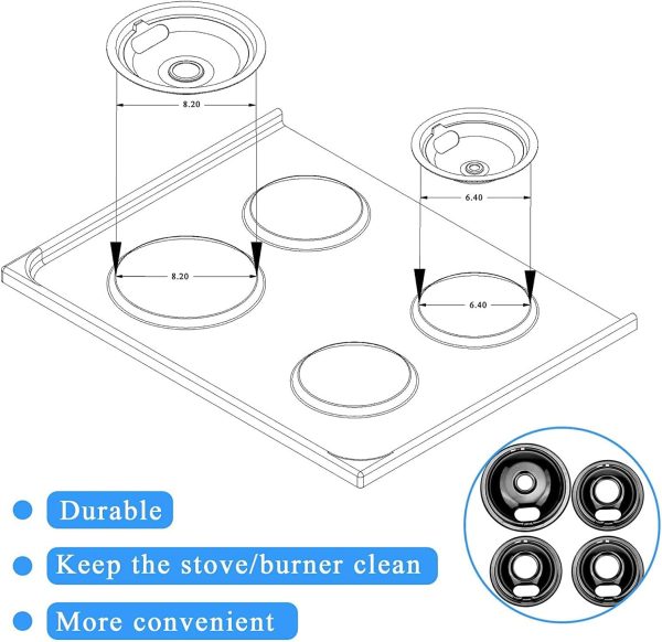 ⁦APPLIANCEMATES W10290350 W10290353 Burner Porcelain Drip Pans Set Replacement by Fits whirlpool Electric Range Stove Top Drip Bowls 4-Pack Includes 2 Large 8-Inch and 2 Small 6-Inch (Black)⁩ - الصورة ⁦4⁩