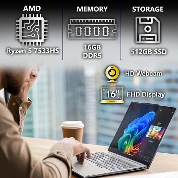 ⁦Lenovo ThinkBook 16 G7 Business Laptop, 16” FHD+, AMD Ryzen 5 7533HS, 16GB DDR5, 512GB NVMe, WiFi 6 + BT, RJ-45, HDMI, Fingerprint Reader, HD Webcam, Win 11 Pro⁩ - الصورة ⁦3⁩