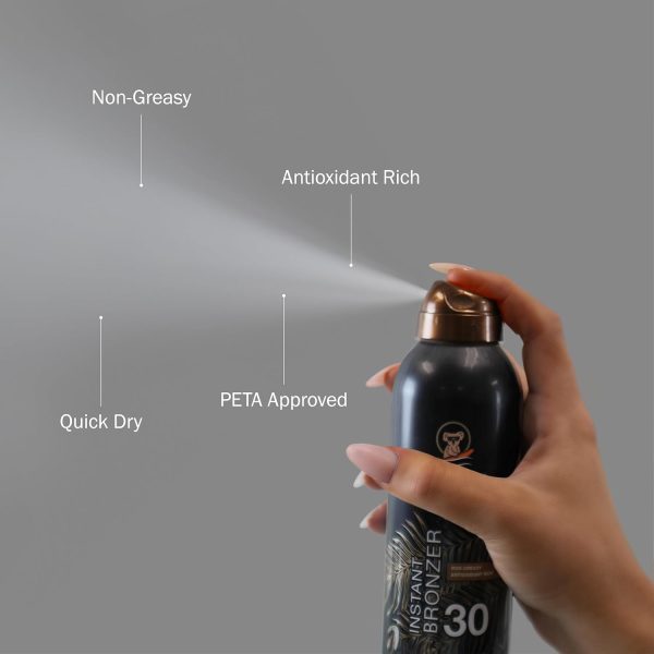 ⁦Australian Gold Continuous Spray Sunscreen with Instant Bronzer SPF 30, Immediate Glow & Dries Fast Water Resistant NonGreasy Oxybenzone Free Cruelty Free, Bronzer New, Orange, 6 Oz⁩ - الصورة ⁦3⁩