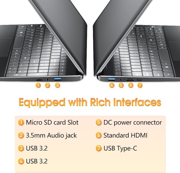 ⁦SGIN Laptops Windows 11, 15.6 Inch Laptop Computer 8GB DDR3 512GB SSD with I3 Processor, Webcam, HDMI, USB3.0, 7000mAh Battery, BT4.2, USB 3.2 * 3, WiFi, Type-C(Black)⁩ - الصورة ⁦6⁩