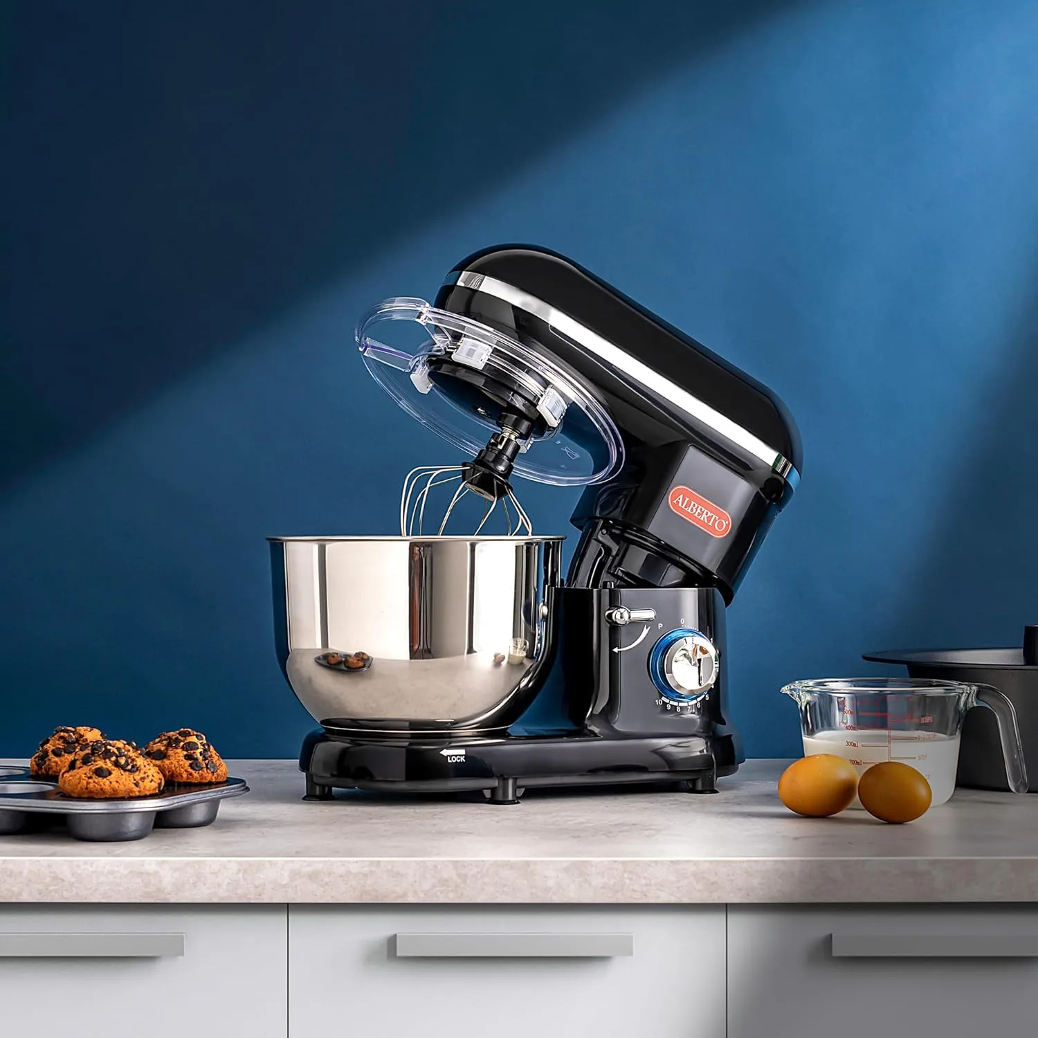 Alberto 560W Mixer, 10 Speeds, Pulse Function, 5.5L Bowl, Egg Whisk, Beater, Dough Hook (Black)