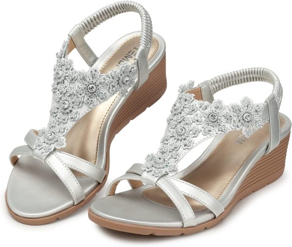⁦TEMOFON Wedge Sandals for Women Casual Summer Comfortable Bohemia Beach Sandals Open Toe Mid Heel Rhinestones Platform Shoes Sandal⁩ - الصورة ⁦6⁩
