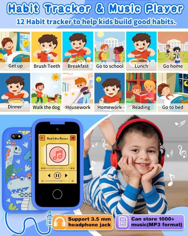 ⁦Kids Smart Phone for Boys, Christmas Birthday Gifts for Boy Girl Age 3-10 Kids Toys Cell Phone, 2.8" Touchscreen Toddler Learning Play Toy Phone with Dual Camera, Game, Music Player, 8GB Card (Blue)⁩ - الصورة ⁦3⁩