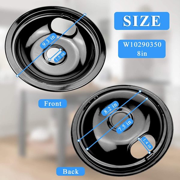 ⁦APPLIANCEMATES W10290350 W10290353 Burner Porcelain Drip Pans Set Replacement by Fits whirlpool Electric Range Stove Top Drip Bowls 4-Pack Includes 2 Large 8-Inch and 2 Small 6-Inch (Black)⁩ - الصورة ⁦3⁩