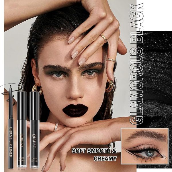 ⁦3Pcs Black Matte Liquid Lipstick and Lip Liner Set - Black Lip Gloss Stain Lipliner Set, Moisturizing Velvet Liquid Lipstick Lipgloss/Non-Stick Cup Lip Stain for Halloween Goth Makeup⁩ - الصورة ⁦2⁩