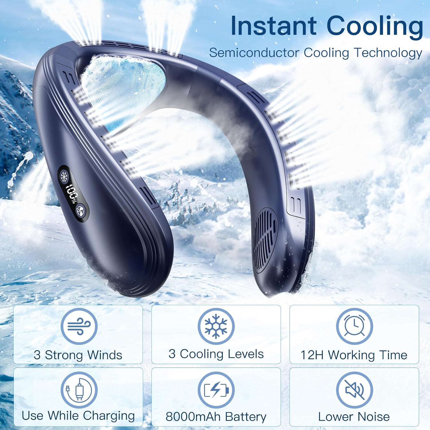 DATTOY Neck Air Conditioner, 360° Cooling Neck Fan, 8000mAh Rechargeable Wearable AC Air Conditioner with Large Cooling Plate,Blow Cold Air 3 Speeds Portable Personal Instant Neck Fan Cooler (Blue O) 3 DATTOY Neck Air Conditioner, 360° Cooling Neck Fan, 8000mAh Rechargeable Wearable AC Air Conditioner with Large Cooling Plate,Blow Cold Air 3 Speeds Portable Personal Instant Neck Fan Cooler (Blue O) - الصورة 3