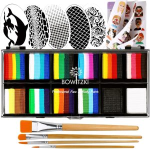 Bowitzki Face Paint Kit Professional Split Cake Face Painting Set For Kids Adults 12x10 gm with Stencil One Stroke Non Toxic Rainbow Flora Dolphin Unicorn Flame Body Paint Halloween Christmas Makeup