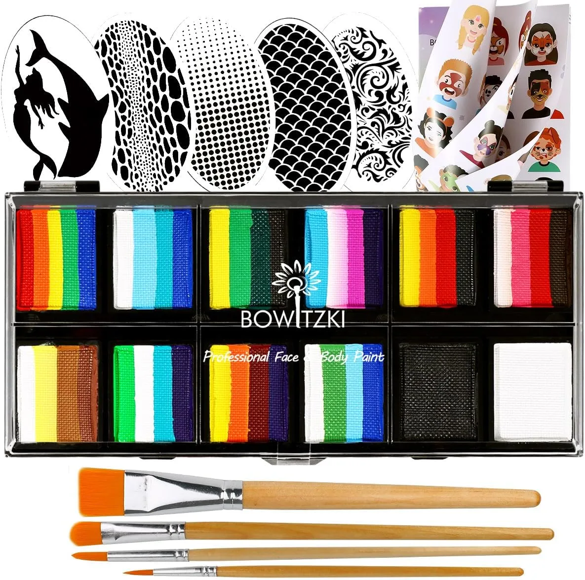 Bowitzki Face Paint Kit Professional Split Cake Face Painting Set For Kids Adults 12x10 gm with Stencil One Stroke Non Toxic Rainbow Flora Dolphin Unicorn Flame Body Paint Halloween Christmas Makeup