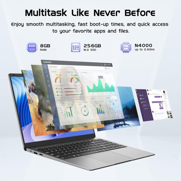 ⁦Laptop Computer 15.6" Window 11 Pro Laptops with 8GB RAM 256GB SSD,Ms Office 2024, 100% sRGB Screen, N4000 Processor, Notebook, Dual Band WiFi5, BT4.2, USB-A, HDMI,FHD 1920 * 1080 Display,Silver⁩ - الصورة ⁦5⁩