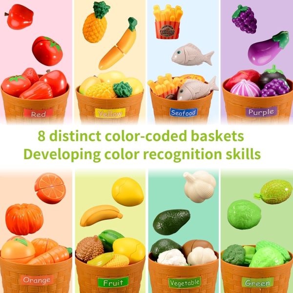 ⁦Kids Kitchen Chopping Toys, Pretend Fruit and Vegetable Accessories with Color Sorting Storage Basket, Plastic Mini Chopping Board and Knife, Toddler Educational Toys, Children's Birthday Gift (52)⁩ - الصورة ⁦2⁩